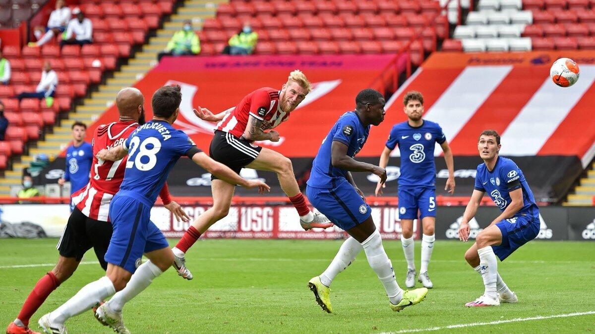 Sheffield United's Oli McBurnie heads home the second goal against Chelsea on Saturday. - (Sheffield United Twitter)