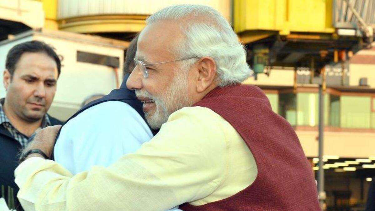 Indian Prime Minister Narendra Modi is embraced by Pakistani Prime Minister Nawaz Sharif, during a surprise stopover on December 25, 2015 in Lahore, Pakistan.