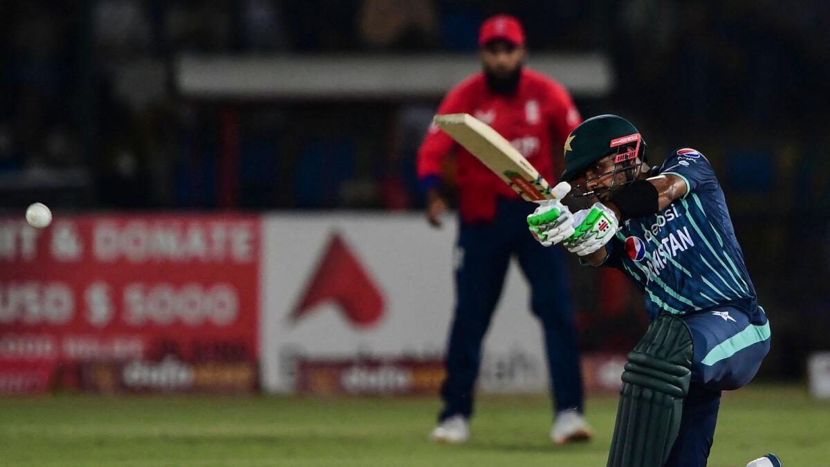 Pakistan captain Babar Azam plays a shot during the second Twenty20 International against England in Karachi on Thursday. — AFP