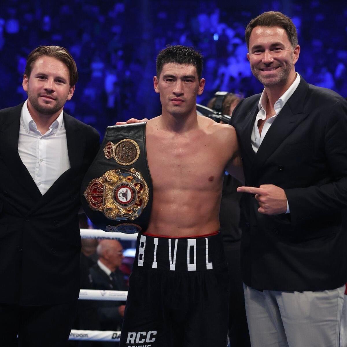 Dmitry Bivol (centre) after his victory in Abu Dhabi. — Supplied photo