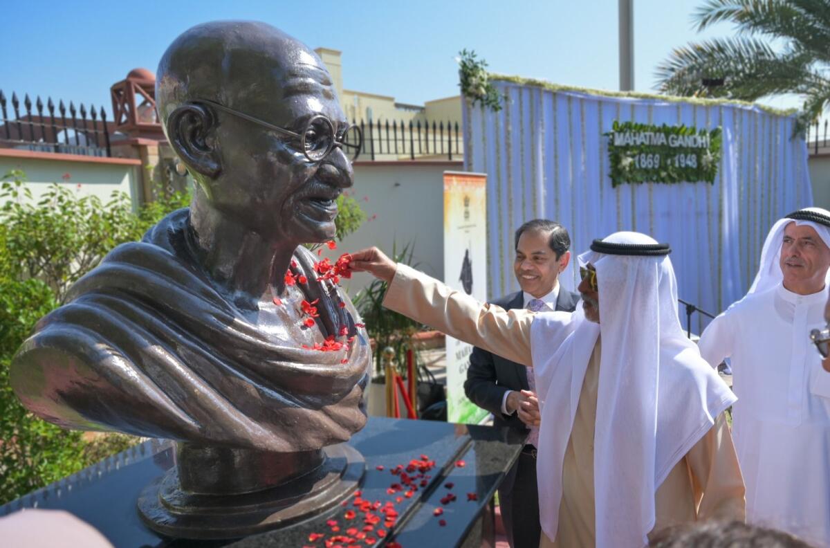 The unveiling of the bust of Mahatma Gandhi at Indian Consulate Dubai on Jan 31, 2023. Photo: Rahul Gajjar