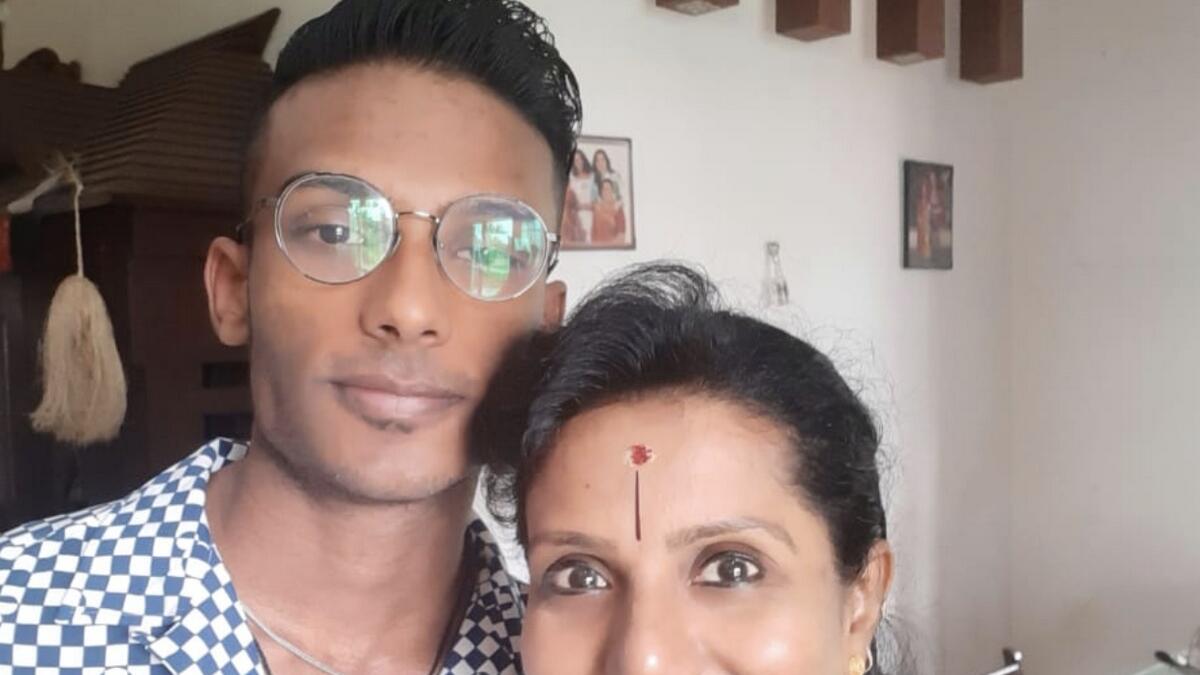 Geetha Ramdas with her son Aditya, who is stranded in the UK.