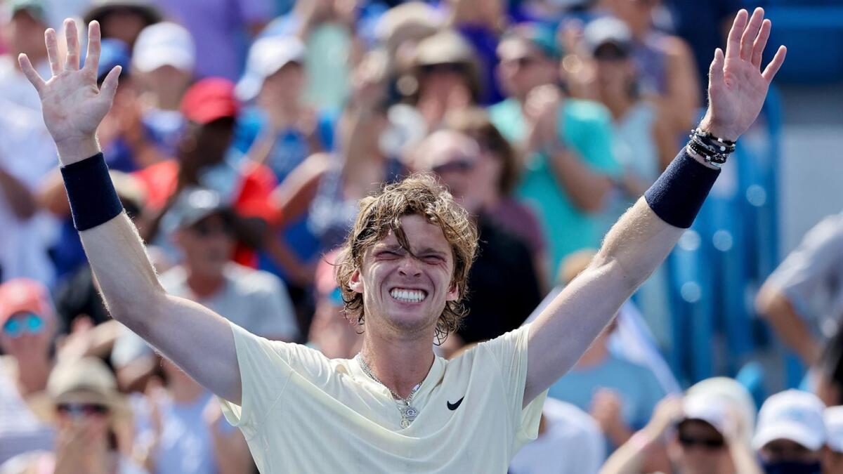 Andrey Rublev of Russia celebrates after defeating Daniil Medvedev of Russia 2-6, 6-3, 6-3 during day 7 of the Western &amp; Southern Open in Mason, Ohio. — AFP