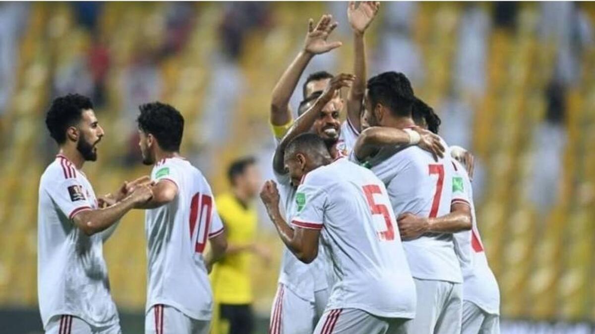 The UAE players celebrate a goal against Malaysia on Thursday in Dubai. (UAE FA Twitter)