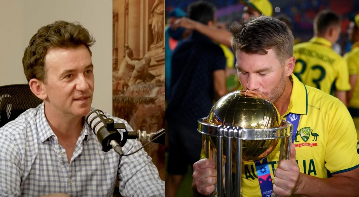 Lachlan Kitchen (left), Australian RJ and cricket commentator, and David Warner. — X