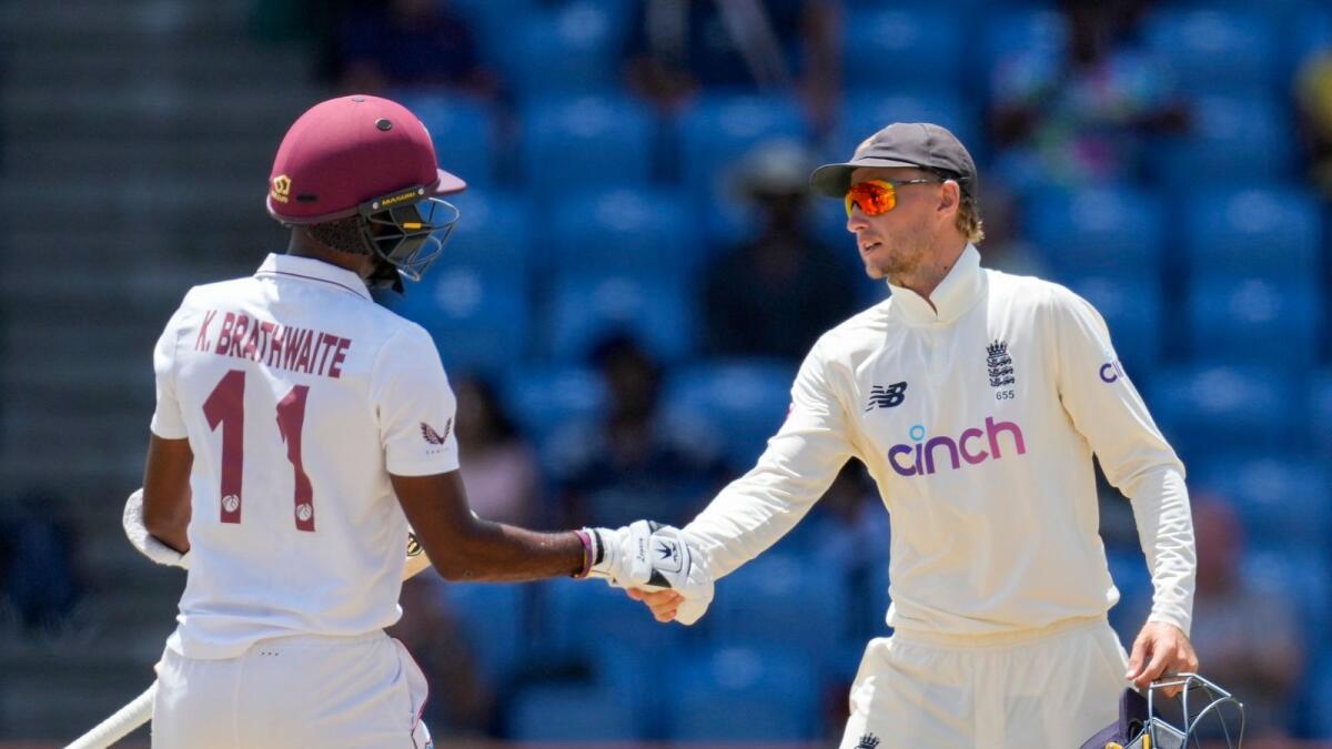 England captain Joe Root shakes hands with West Indies skipper Kraigg Brathwaite. (AP)