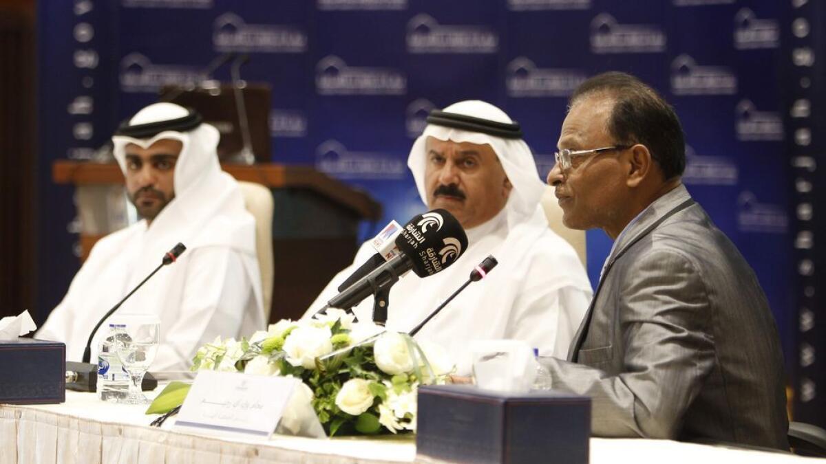 (From left) Shaikh Mohammed bin Saqr Al Qasimi, Salem Yousef Al Qaseer and Y.A.Rahim at a press conference held at Sharjah Chamber of Commerce and Industry on Tuesday.