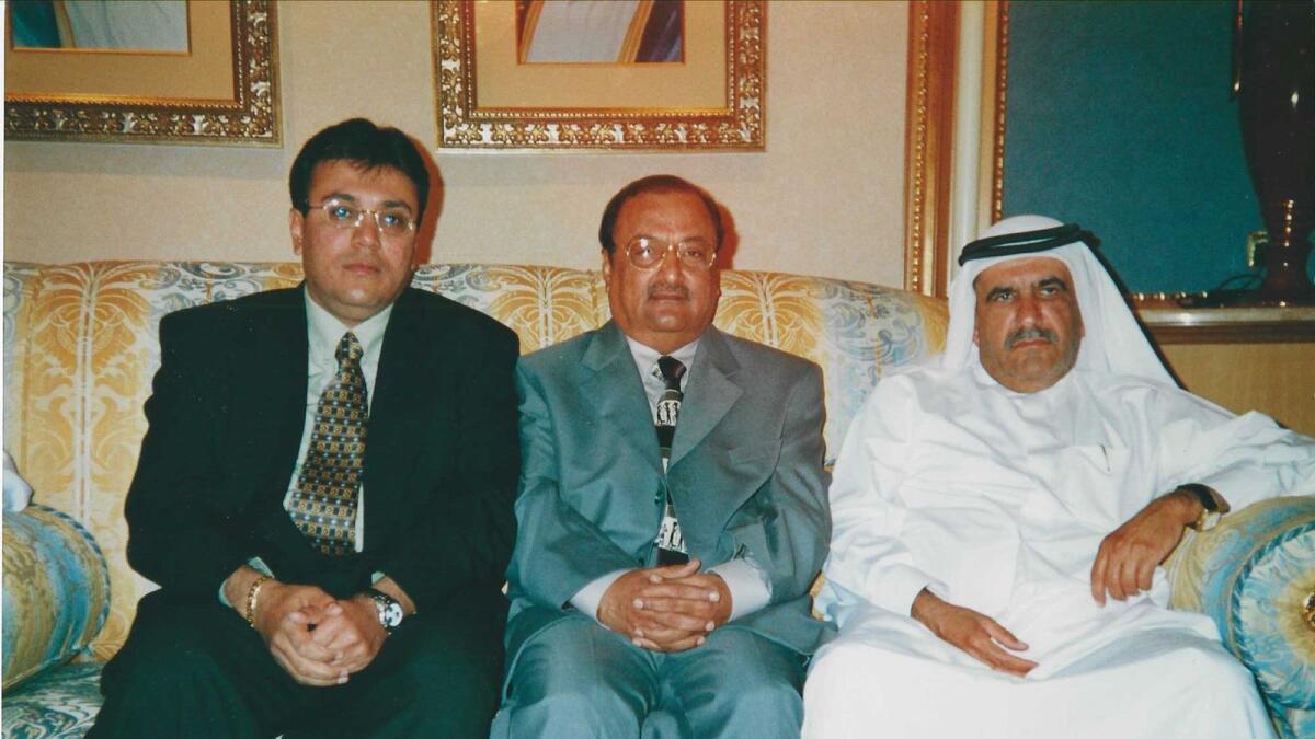 Late Sheikh Hamdan bin Rashid Al Maktoum, Deputy Ruler of Dubai and Minister of Finance, with Deepak and Vijay Bhatia.