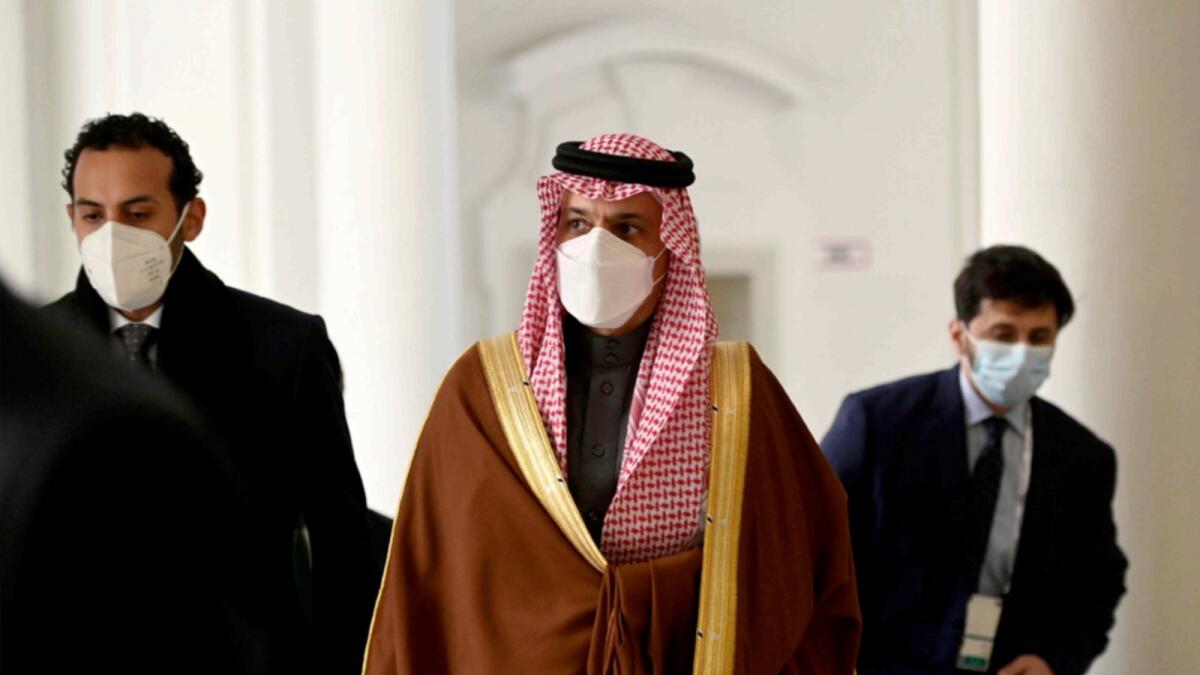Prince Faisal bin Farhan Al Saud arrives for a meeting with Foreign Ministers of the G7 Nations on the sidelines of the Munich Security Conference. — AP
