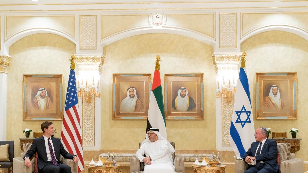 UAE Minister of State for Foreign Affairs Anwar Gargash, Israeli National Security Advisor Meir Ben-Shabbat, and U.S. President's senior adviser Jared Kushner hold a meeting in Abu Dhabi.