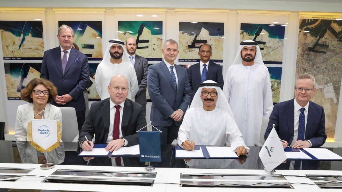 The contract was officially signed in Dubai at DP World’s Head Office by Sultan Ahmed Bin Sulayem, Group Chairman and CEO of DP World and Chairman of Drydocks World, Sturla Magnus, Executive Vice President, Topsides and Facilities at Aker Solutions and Arne Hygen Tørnkvist, EVP of Altera Infrastructure. - Supplied picture