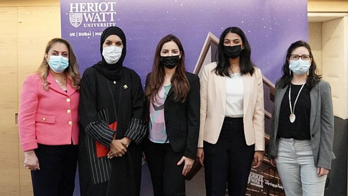 From L to R: Dr Shetha Alzubaidi, CEO at Brookson Project Management LLC; Dr Eng. Suaad Al Shamsi; Dr Rula Sharqi, Assistant Professor for the School of Engineering and Physical Sciences at Heriot-Watt University Dubai; Tanishi Mathur - Alumna; Liliana Calderón Jerez, Student at Heriot-Watt University Dubai.