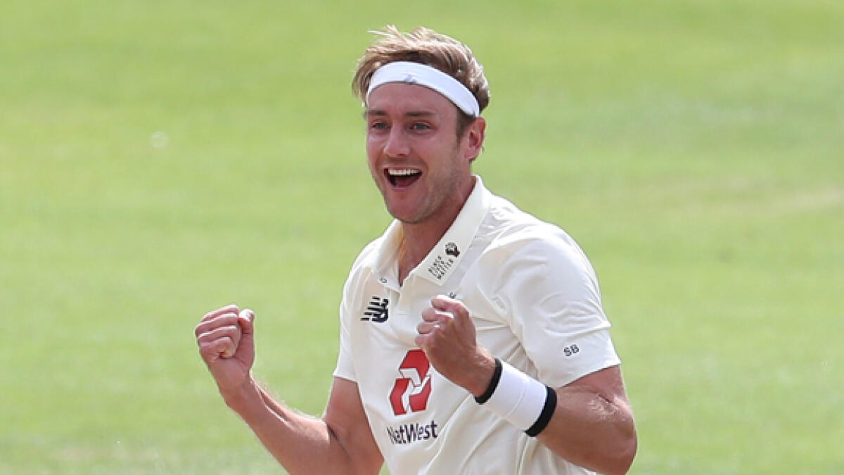 England's Stuart Broad celebrates taking his 500th Test wicket after dismissing the West Indies' Kraigg Brathwaite on the fifth and final day of the third Test match on Tuesday. - Reuters