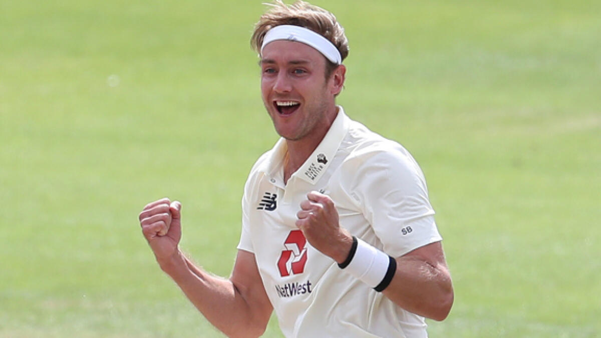 England's Stuart Broad celebrates taking his 500th Test wicket after dismissing the West Indies' Kraigg Brathwaite on the fifth and final day of the third Test match on Tuesday. - Reuters