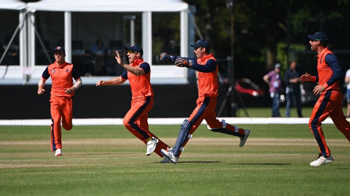 Netherlands players celebrate their four-wicket win against Ireland. — Twitter