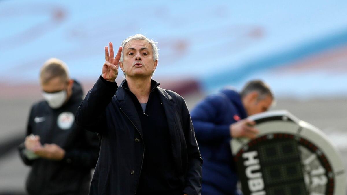 Tottenham's manager Jose Mourinho gestures during the English Premier League  matchagainst West Ham United. — AP