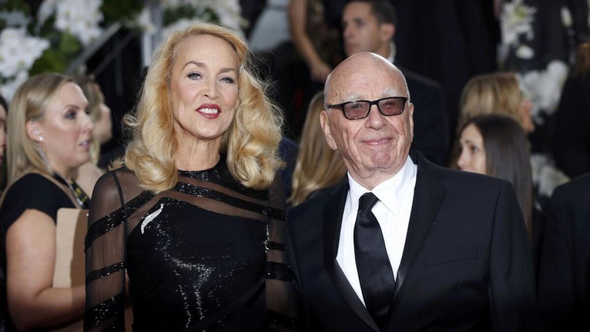 Model Jerry Hall and media magnate Rupert Murdoch at the 73rd Golden Globe Awards in Beverly Hills, California  