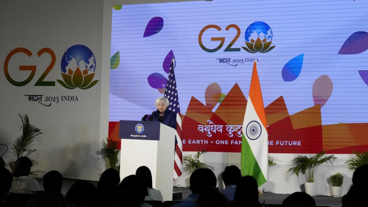 US Treasury Secretary Janet Yellen speaks during a press conference at the G-20 financial conclave on the outskirts of Bengaluru, earlierthis year. — AP file