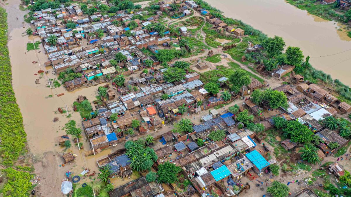 An aerial view of the flooded Bind Toli area along the banks of the Ganges following heavy rain, in Patna, India. Photo: PTI
