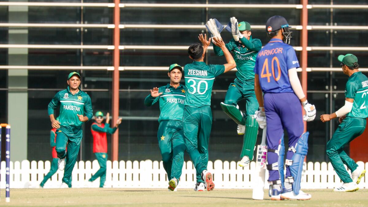 Pakistan players celebrate a wicket during the match against India. (PCB Twitter)