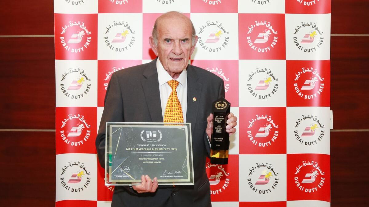 Dubai Duty Free Executive Vice Chairman &amp; CEO Colm McLoughlin with the Global Brand Award as Most Inspiring Leader - Retail in the UAE. - Supplied photo