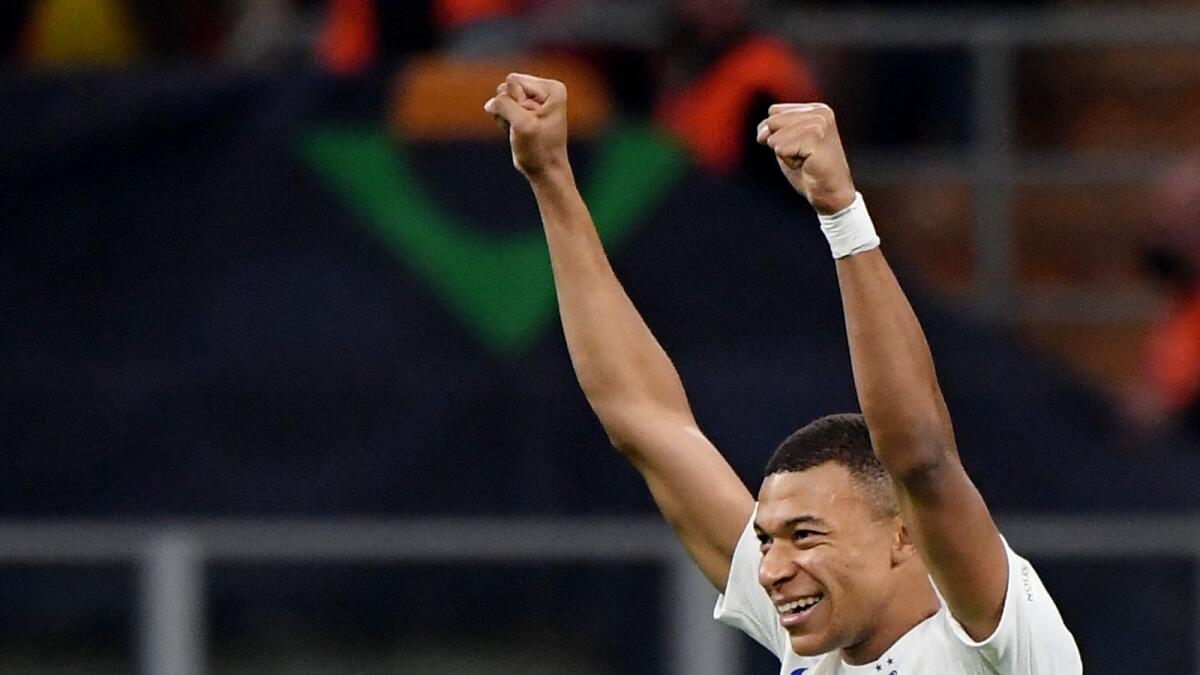 France's Kylian Mbappe celebrates after winning the Nations League final. (Reuters)