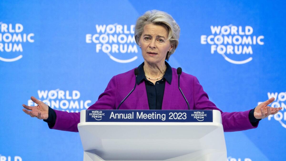 President of the European Commission Ursula von der Leyen speaks during a session of the World Economic Forum (WEF) annual meeting in Davos on January 17, 2023. — AFP