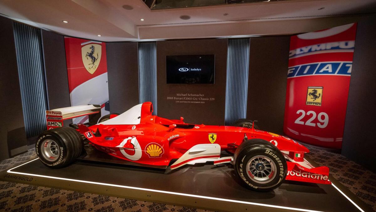 This file photo shows F1 world champion Michael Schumacher's Ferrari F2003 GA during Sotheby's auction house preview in Geneva. — AFP