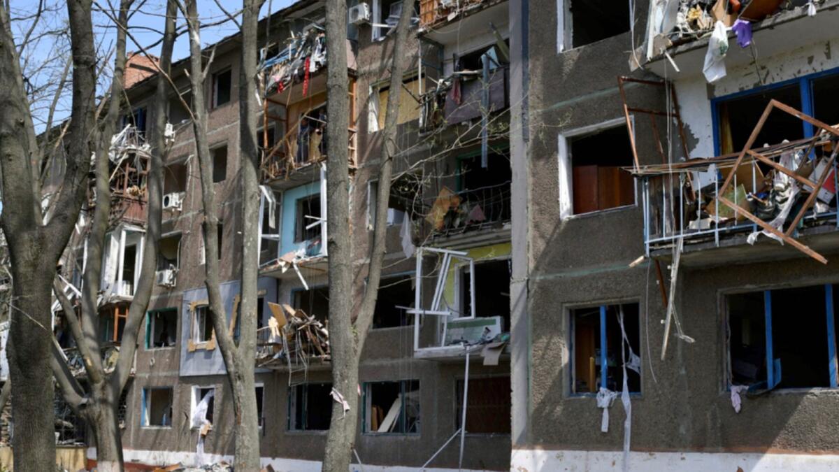 A view of an apartment building destroyed by shelling in Kramatorsk, Ukraine. — AP