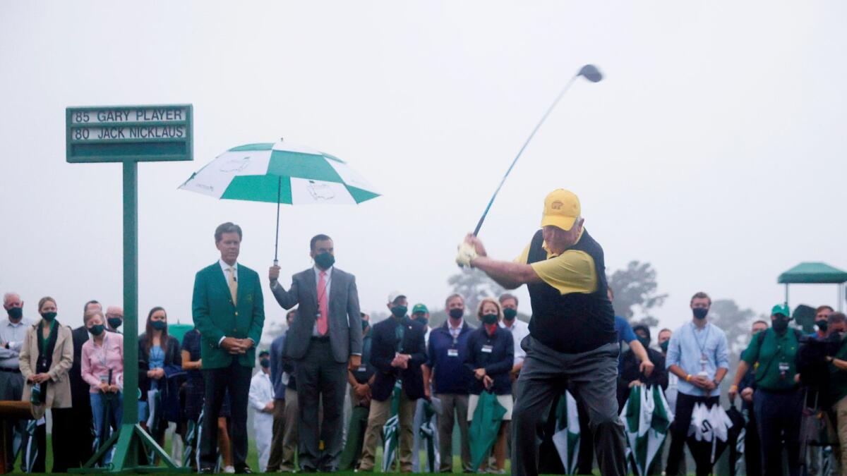Honorary starter Jack Nicklaus during the ceremonial tee shot  at the Masters. — Reuters