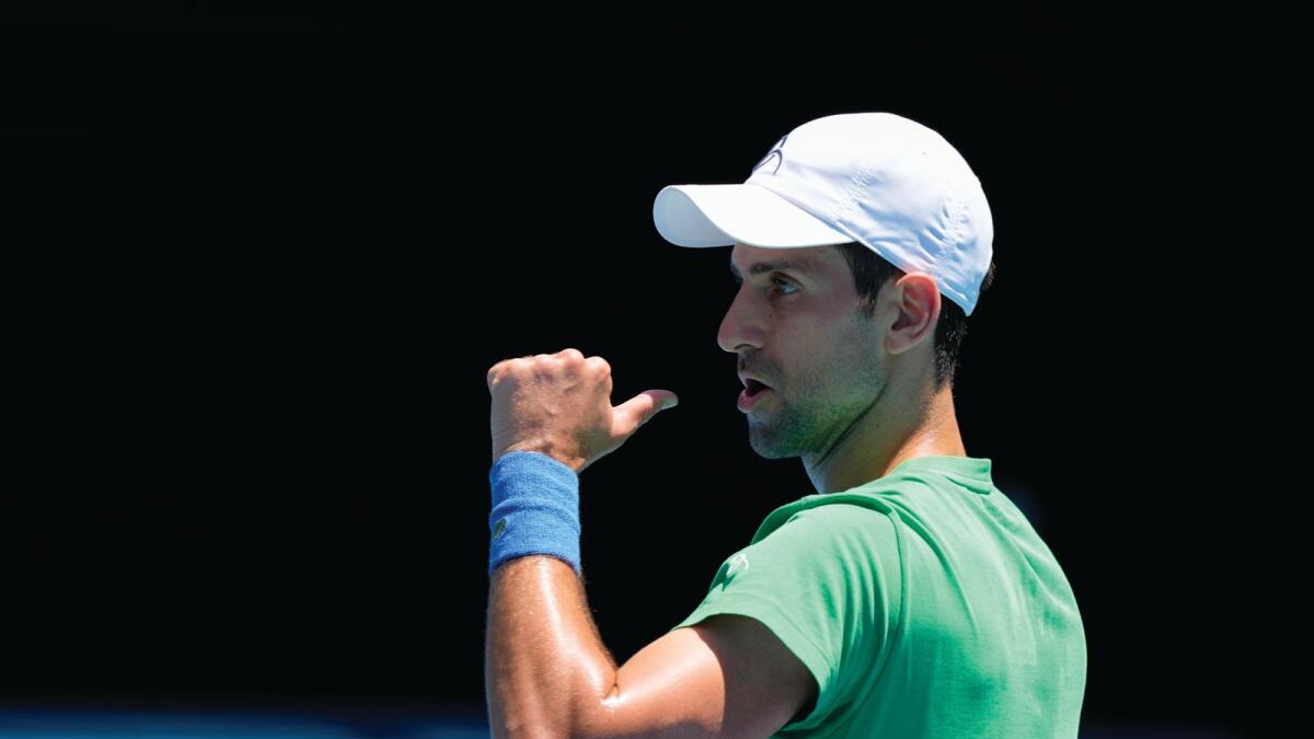 Defending men's champion Serbia's Novak Djokovic during a practice session in Melbourne on Thursday. — AP