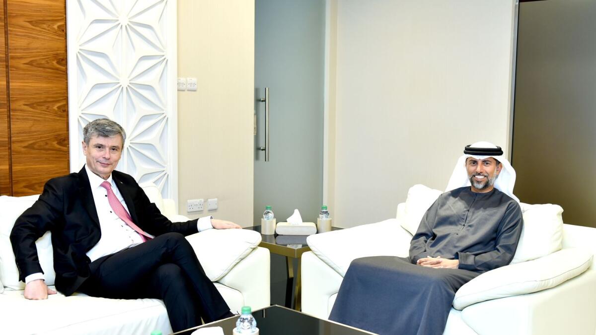 Suhail bin Mohammed Faraj Faris Al Mazrouei, UAE Minister of Energy and Infrastructure, and Virgil-Daniel Popescu, Romanian Minister of Energy, at the meeting. — Wam