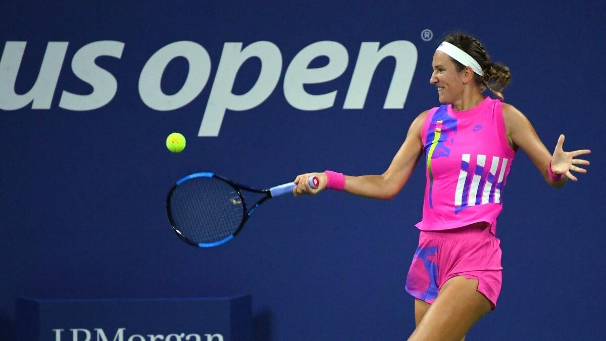 Victoria Azarenka hits the ball against Aryna Sabalenka on day four of the 2020 US Open