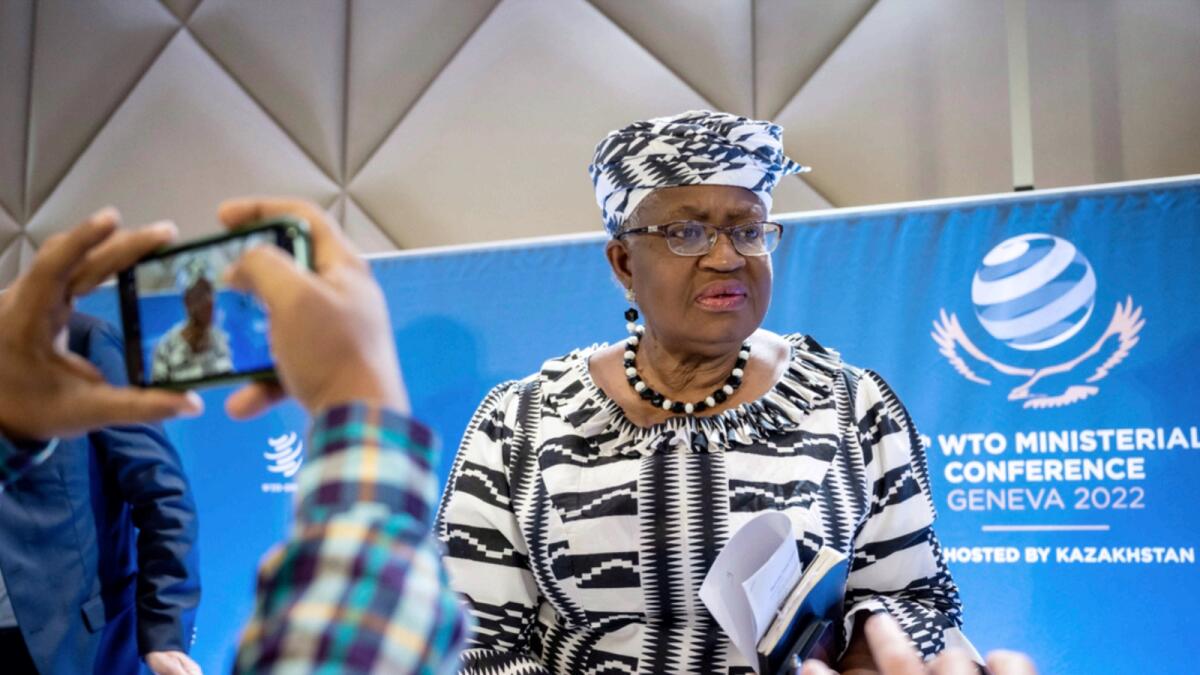 WTO Director-General Ngozi Okonjo-Iweala speaks during a news conference before the opening of the 12th Ministerial Conference at the headquarters of the World Trade Organization in Geneva. — AP