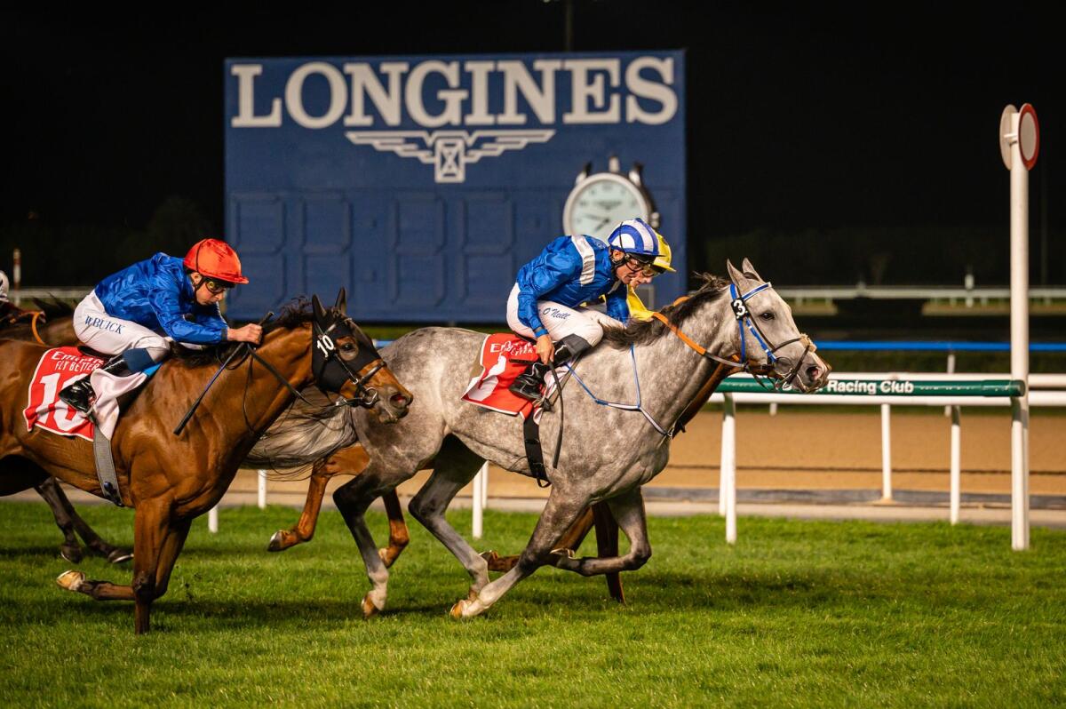 Alfareeq, ridden by Dane O'Neill, wins the Jebel Hatta at the Meydan Racecourse in Dubai on Saturday. — Photo by Neeraj Murali
