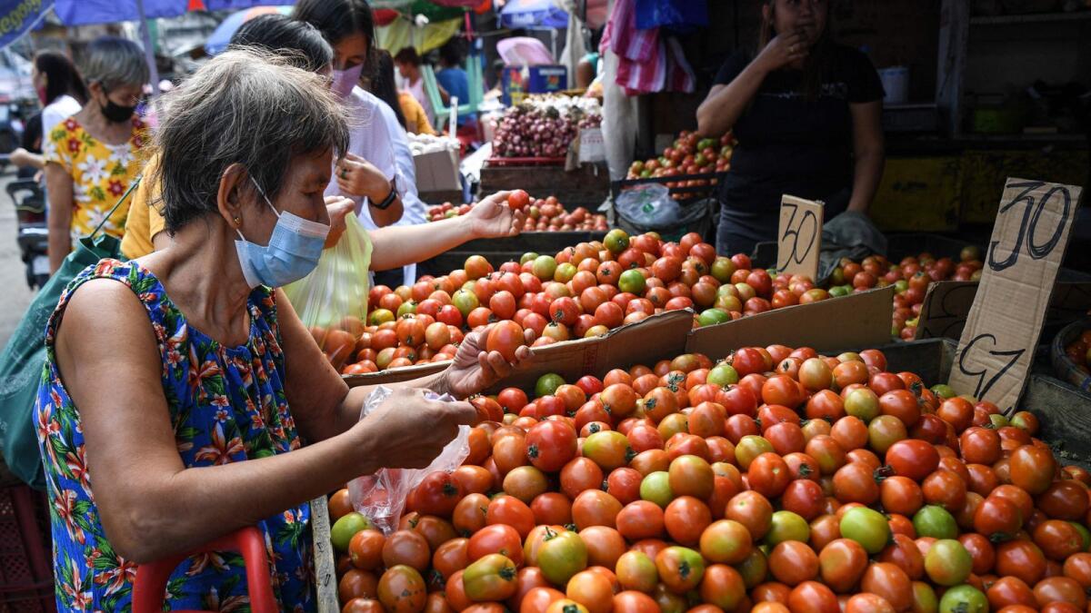 A woman buys fresh tomatoes from a stall in the Divisoria district of Manila on January 26, 2023.  The Philippines economic growth beat expectations last year, fuelled by strong consumer spending despite rising consumer prices, officials said on January 26. — AFP