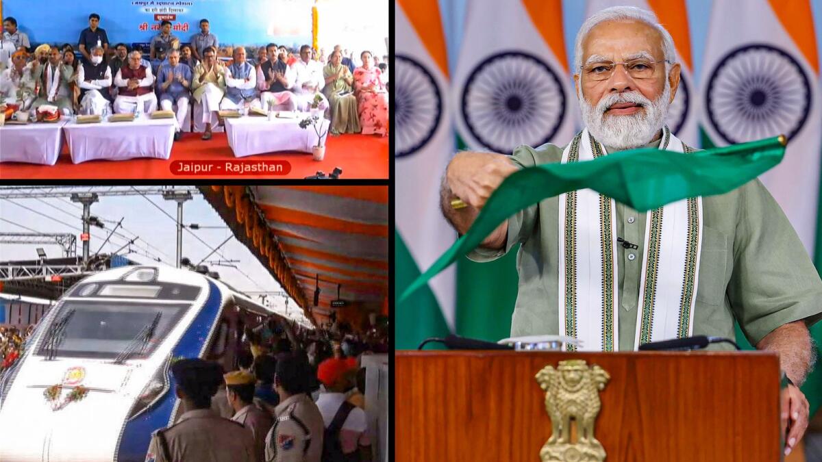 Prime Minister Narendra Modi virtually flags off the Vande Bharat Express train connecting Ajmer and Delhi Cantonment at Jaipur Junction railway station, from New Delhi. — PTI