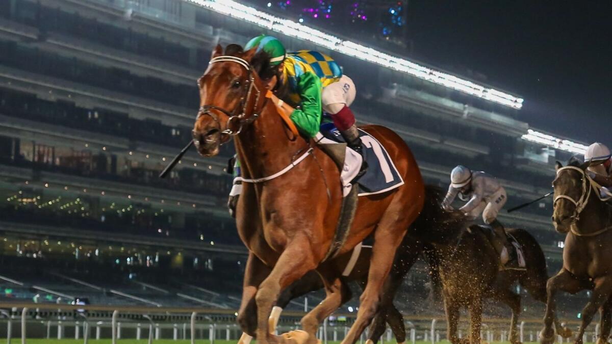 Antonio Fresu rides Military Law to victory in the Group 2 Al Maktoum Challenge Round 1 on the opening night of the Dubai World Cup Carnival. — Dubai Racing Club