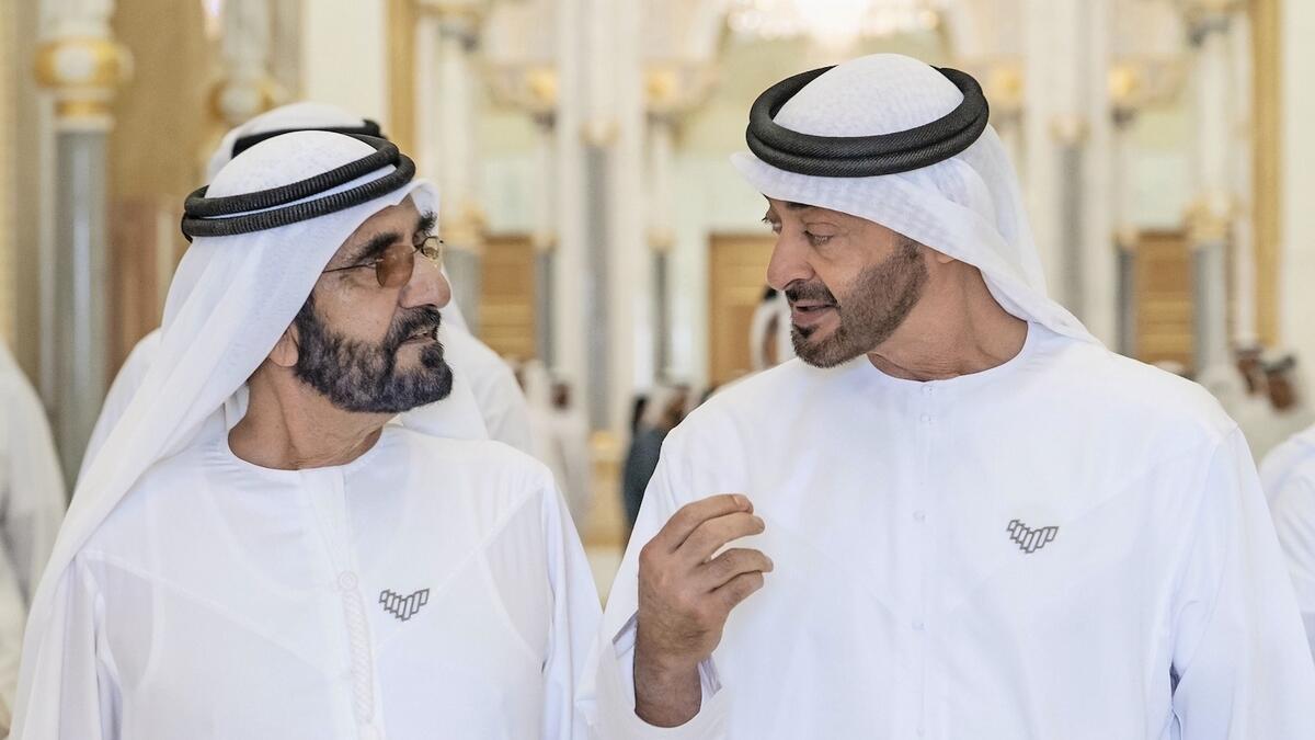His Highness Sheikh Mohammed bin Rashid Al Maktoum, Vice-President and Prime Minister of the UAE and the Ruler of Dubai, with His Highness Sheikh Mohamed bin Zayed Al Nahyan, Crown Prince of Abu Dhabi and Deputy Supreme Commander of the UAE Armed Forces