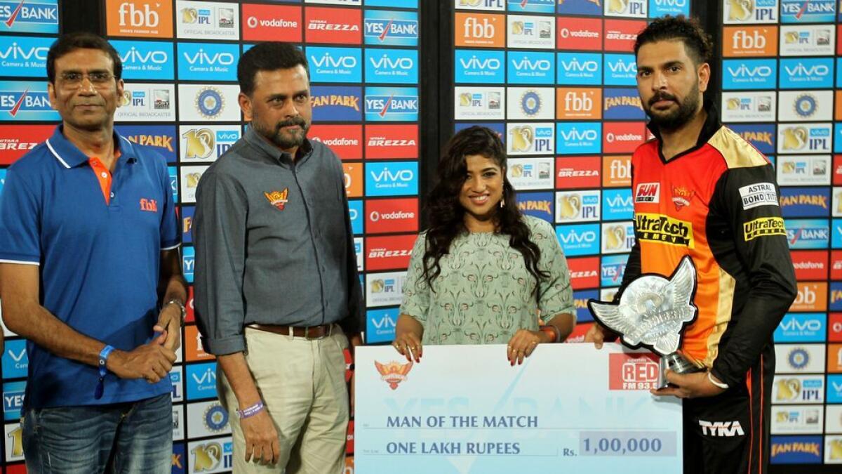 Yuvraj Singh of Sunrisers Hyderabad receiving the man of the match award during match 1 of the Vivo 2017 Indian Premier League between the Sunrisers Hyderabad and the Royal Challengers Bangalore held at the Rajiv Gandhi stadium in Hyderabad, India on the 5th April 2017Photo by Prashant Bhoot.