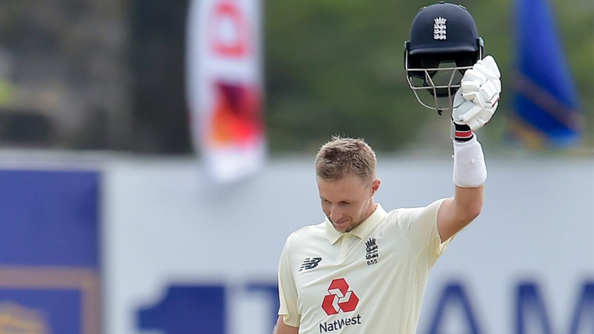 Joe Root celebrates his century against Sri Lanka. (England Cricket Twitter)