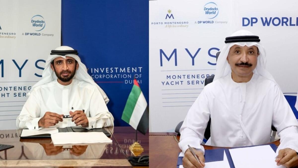 Sultan bin Sulayem, chairman and CEO of DP World, and Mohammed Al Shaibani, chairman of Adriatic Marinas, sign off on new project for Drydocks World.