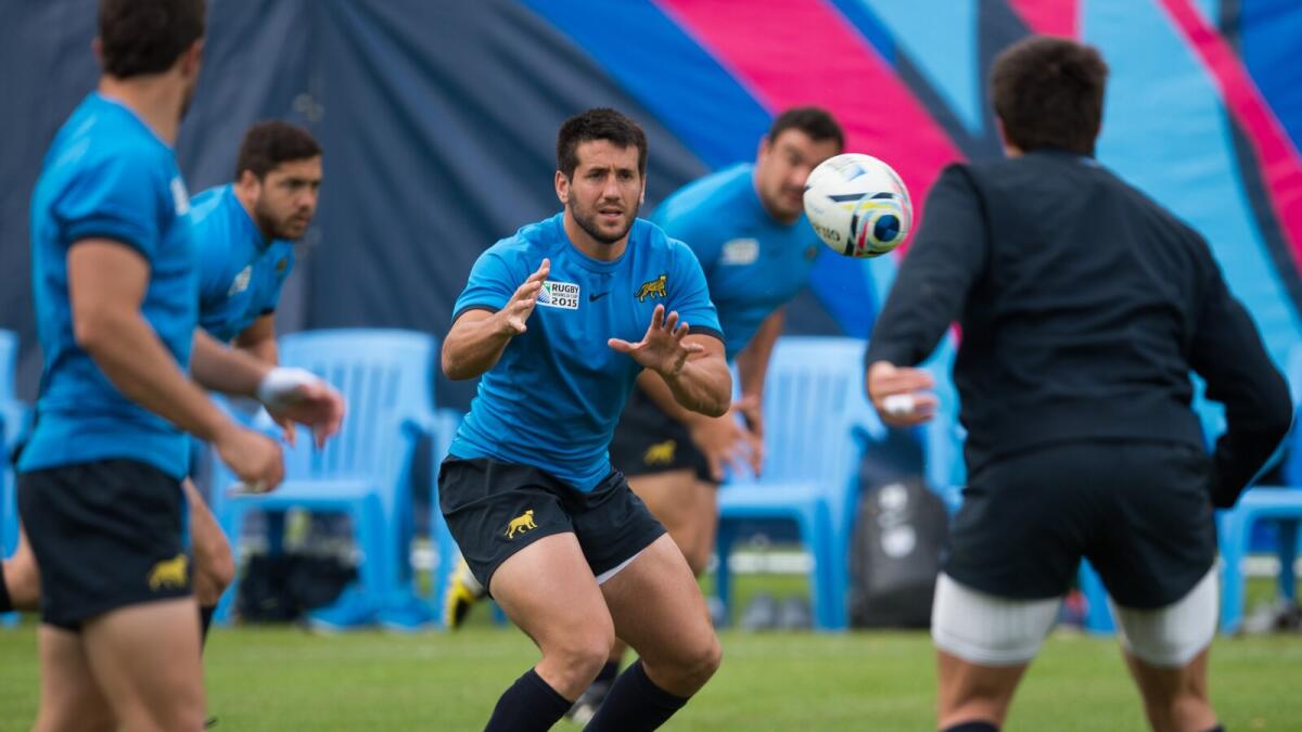 Argentina’s Santiago Gonzalez Iglesias (centre) catches the ball during a training session in Hertford, ahead of clash against New Zealand at Wembley Stadium. — AFP