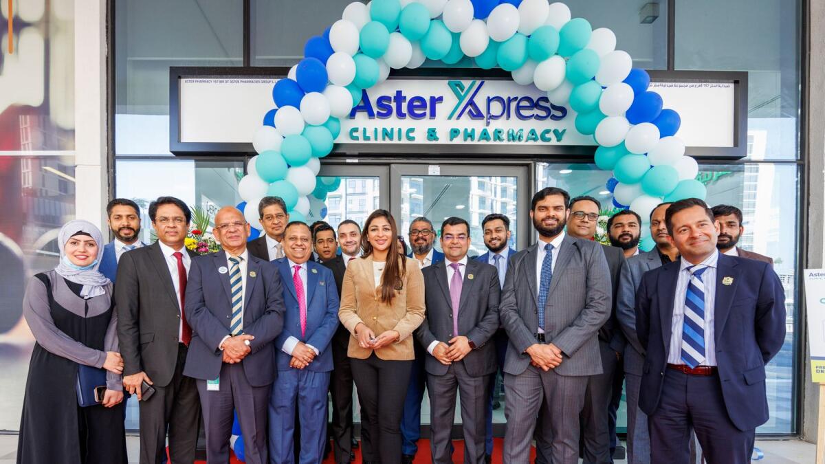 NS Balasubramanian, Alisha Moopen, deputy managing director of Aster DM Healthcare, and Dr Sherbaz Bichu with other officials during the launch of the new healthcare concept. Supplied