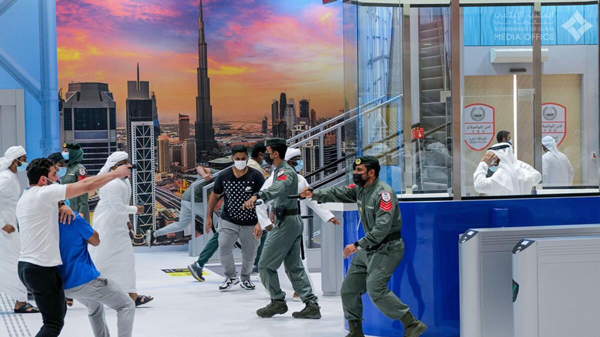 The hostage crisis simulation in progress at the Dubai Metro.