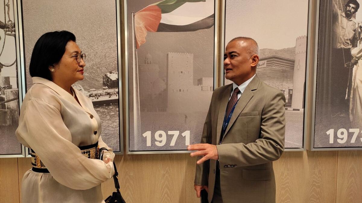 Philippine Ambassador to the UAE Hjayceelyn Quintana and Joel Joseph S Marciano Jr in Abu Dhabi.