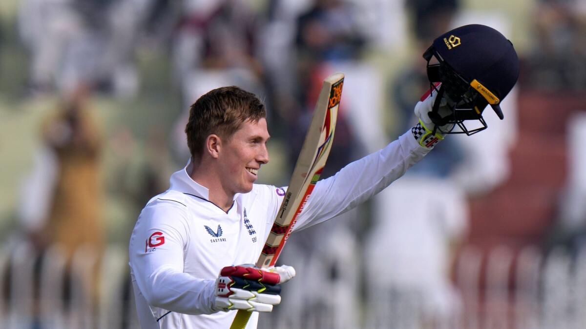 England's Zak Crawley celebrates after scoring a century during the first day of the first Test against Pakistan in Rawalpindi on Thursday. — AP