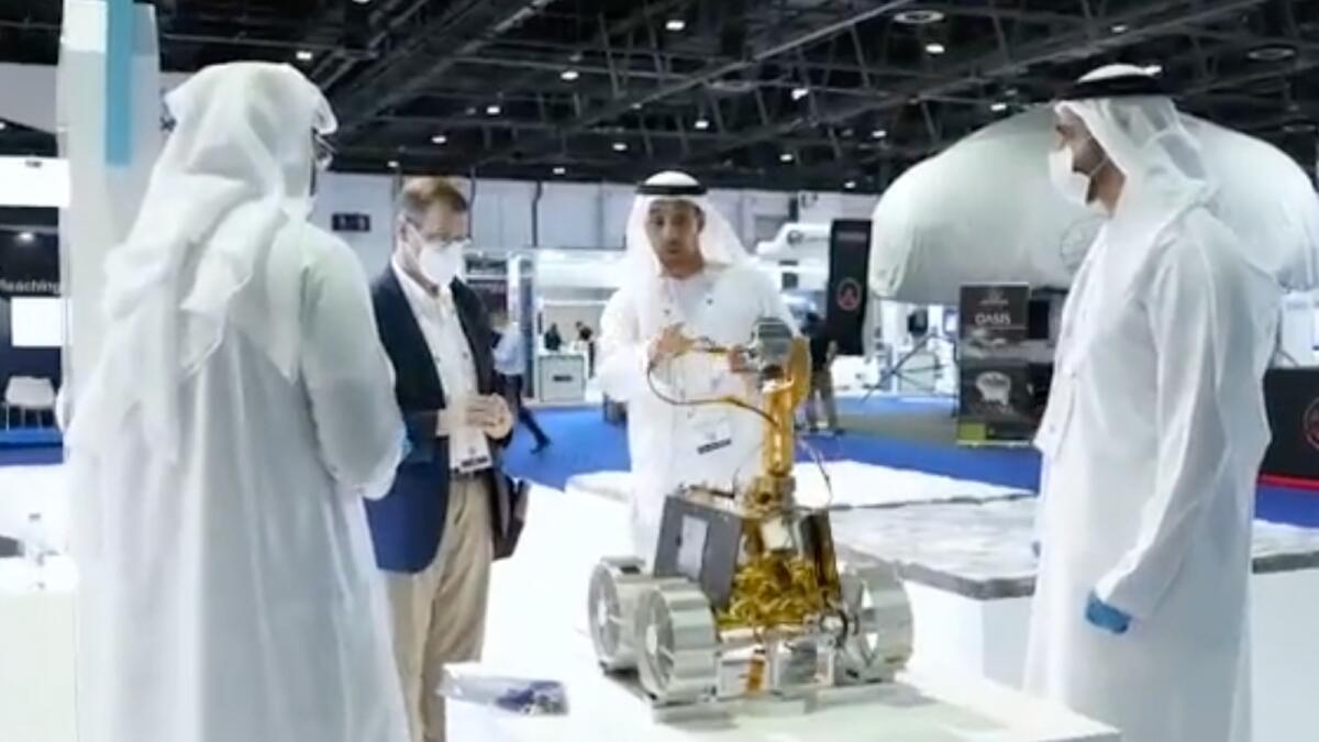 A model of the Rashid rover on display at IAC  2021 in Dubai.