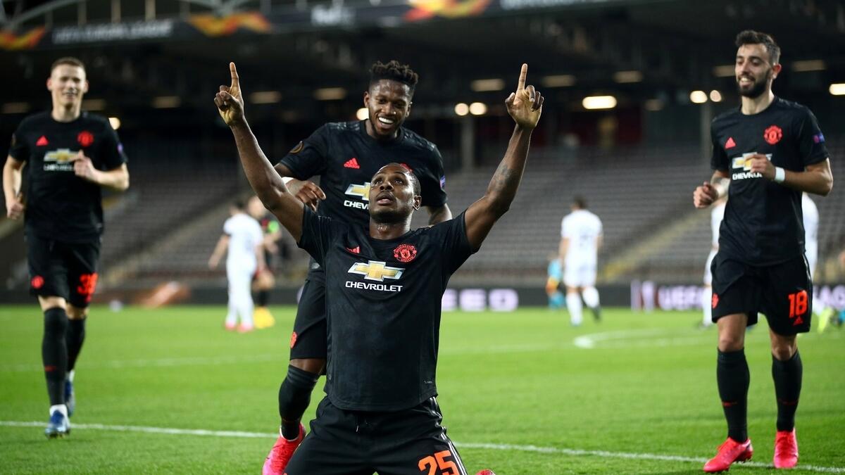 JUBILANT: Manchester United's Odion Ighalo celebrates his goal against LASK Linz.