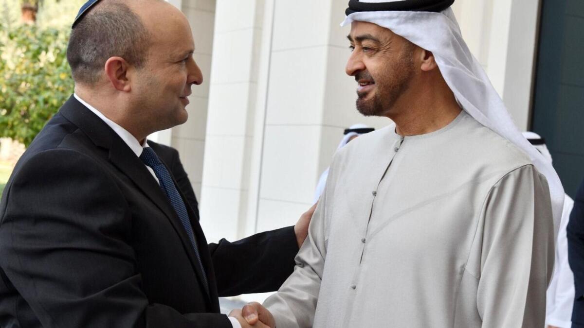 Israeli Prime Minister Naftali Bennett with Sheikh Mohamed bin Zayed in Abu Dhabi during the former's visit to the UAE. — Wam file